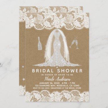 Kraft & Lace Diamond Wedding Dress Bridal Shower Invitations