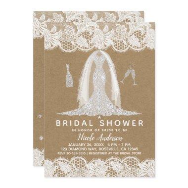 Kraft & Lace Diamond Wedding Dress Bridal Shower Invitations