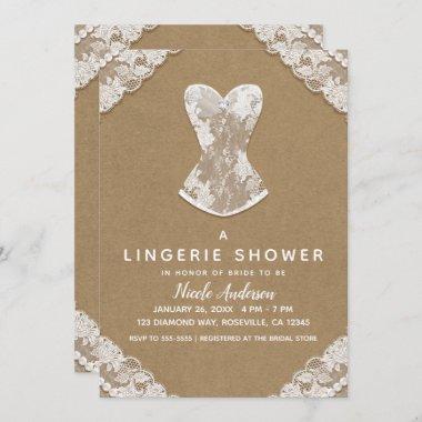 Kraft Lace & Pearls Wedding Lingerie Bridal Shower Invitations