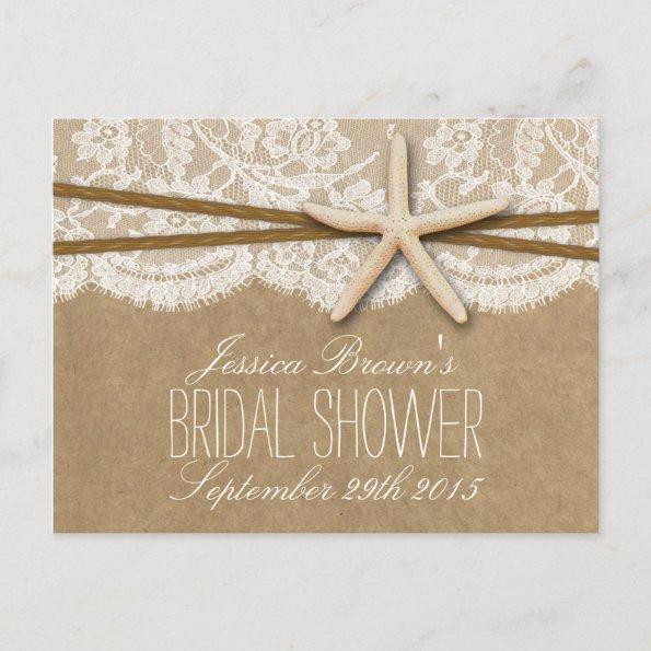 Kraft, Lace & Starfish Beach Bridal Shower Recipe Invitation PostInvitations