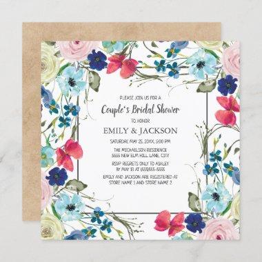 Kraft Red Blue Ivory Floral Couple's Bridal Shower Invitations