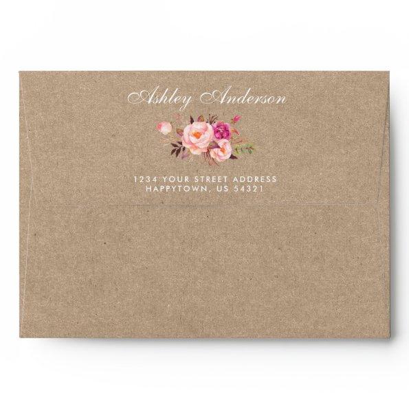 Kraft Style Pink Watercolor Floral Wedding Envelope