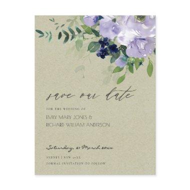 Kraft Violet Purple Floral Leafy Save the Date PostInvitations