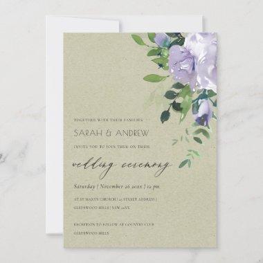 Kraft Violet Purple Floral Leafy Wedding Invite