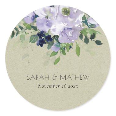 Kraft Violet Purple Navy Floral Leafy Wedding Classic Round Sticker
