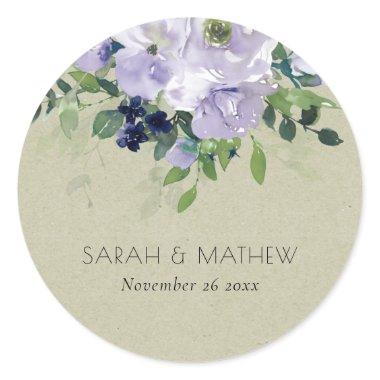 Kraft Violet Purple Navy Floral Leafy Wedding Classic Round Sticker