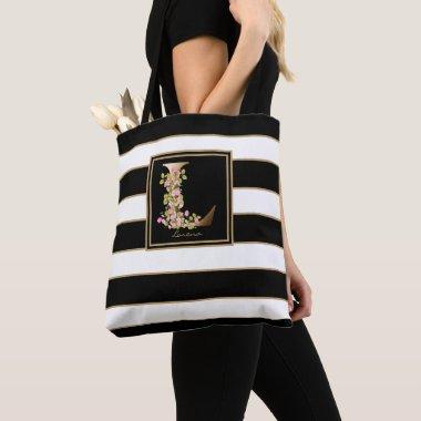 L Gold Floral Monogram | Black White Gold Stripes Tote Bag