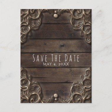 Lace & Dark Wood Rustic Vintage Wedding Save Date Announcement PostInvitations