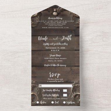 Lace & Dark Wood Rustic Vintage Western Wedding All In One Invitations