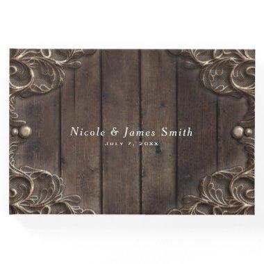 Lace & Dark Wood Rustic Western Vintage Wedding Guest Book