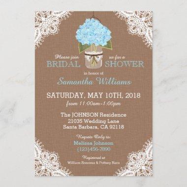 Lace Mason Jar Blue Hydrangea Rustic Bridal Shower Invitations