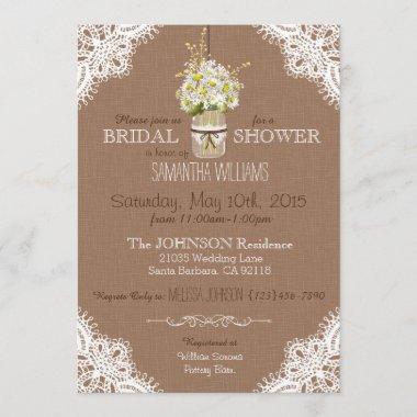 Lace Mason Jar Daisies Rustic Bridal Shower Invitations