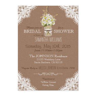 Lace Mason Jar Daisies Rustic Bridal Shower Invitations