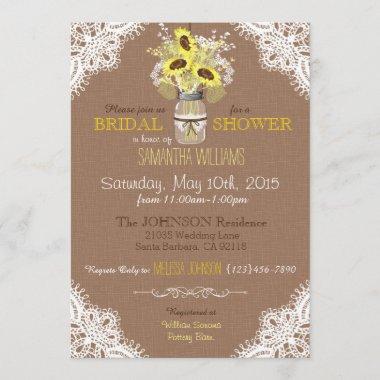 Lace Mason Jar Sunflower Rustic Bridal Shower Invitations