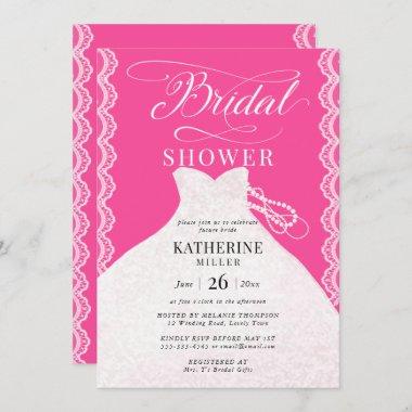 Lace Pearls Bridal Dress Bold Pink Bridal Shower Invitations