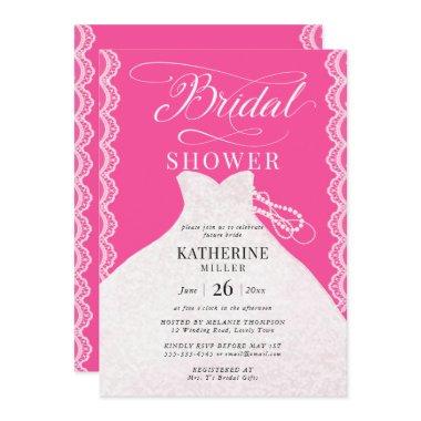 Lace Pearls Bridal Dress Bold Pink Bridal Shower Invitations