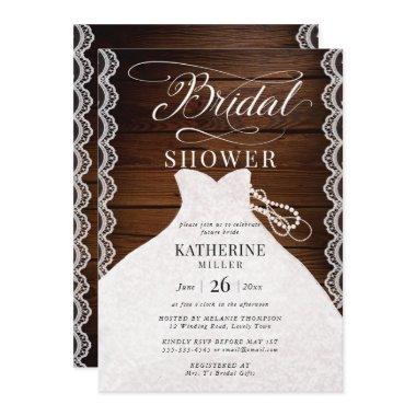 Lace Pearls Bridal Dress Rustic Wood Bridal Shower Invitations