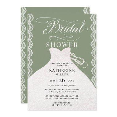 Lace Pearls Bridal Dress Sage Green Bridal Shower Invitations