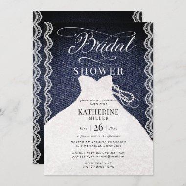 Lace Pearls Denim Bridal Dress Chic Bridal Shower Invitations