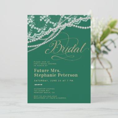 Lace Pearls Diamonds Emerald Gold Bridal Shower Invitations