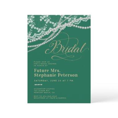 Lace Pearls Diamonds Emerald Gold Bridal Shower Invitations