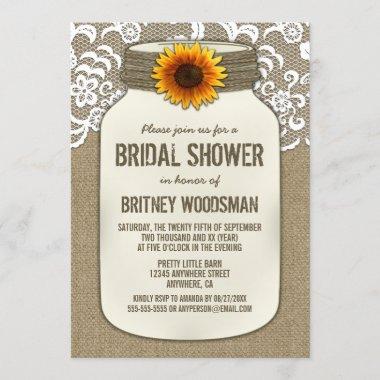 Lace Sunflower Mason Jar Bridal Shower Invitations
