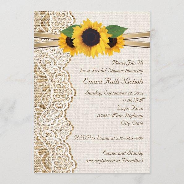 Lace & sunflowers on burlap wedding bridal shower Invitations