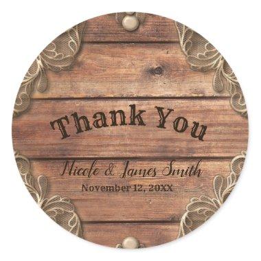 Lace Wood Rustic Vintage Western Wedding Favor Classic Round Sticker
