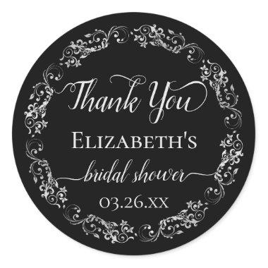 Lacy Silver on Black Bridal Shower Thank You Classic Round Sticker