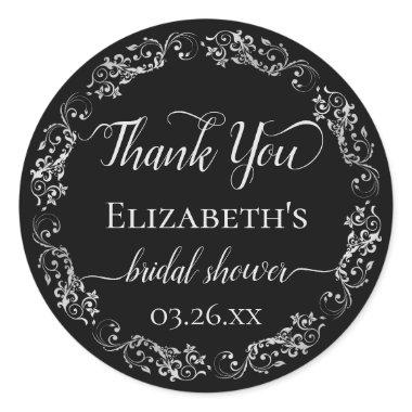 Lacy Silver on Black Bridal Shower Thank You Classic Round Sticker