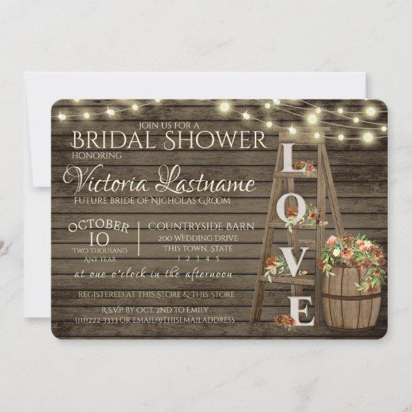 Ladder Wine Barrel and Roses Rustic Bridal Shower Invitations