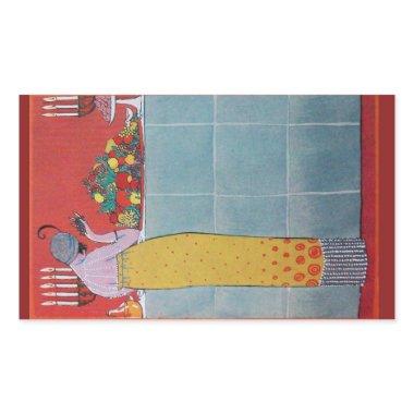 LADY AND FRUITS TABLE SET ART DECO BEAUTY FASHION RECTANGULAR STICKER