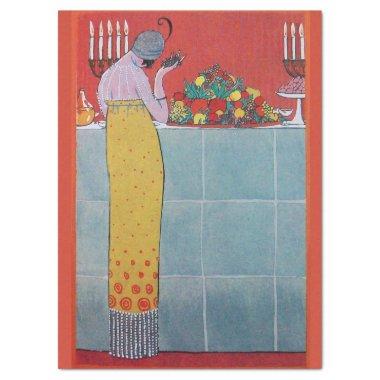 LADY AND FRUITS TABLE SET ART DECO BEAUTY FASHION TISSUE PAPER