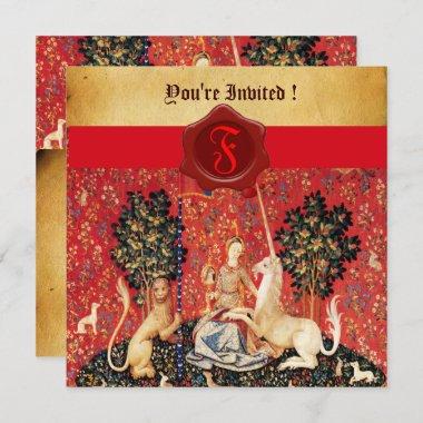 LADY AND UNICORN MONOGRAM RED WAX SEAL PARCHMENT Invitations