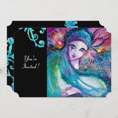 LADY BLUE MASK Masquerade Party,Teal Floral Swirls Invitations