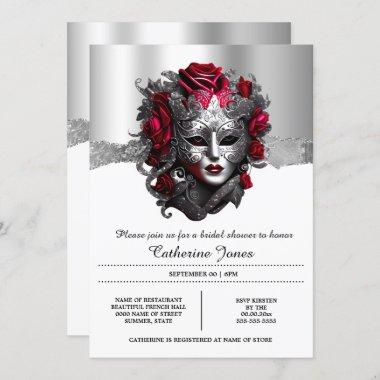 Lady masquerade venetian face mask silver red chic Invitations