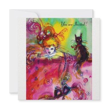 LADY WITH BLACK CAT /Mardi Gras Masquerade Party Invitations