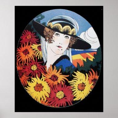 Lady with Chrysanthemum Flowers ,Black Poster