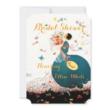 LADY WITH FLOWER BOUQUET AND BUTTERFLIES MONOGRAM Invitations