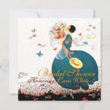 LADY WITH FLOWER BOUQUET AND BUTTERFLIES MONOGRAM Invitations
