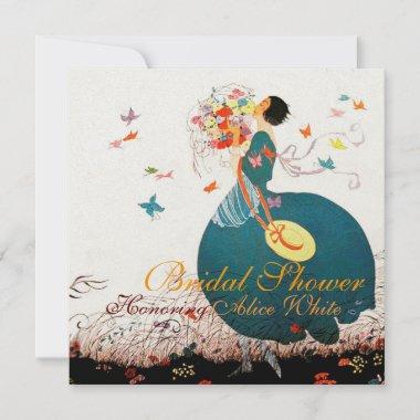 LADY WITH FLOWER BOUQUET AND BUTTERFLIES MONOGRAM Invitations