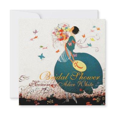 LADY WITH FLOWER BOUQUET AND BUTTERFLIES MONOGRAM Invitations