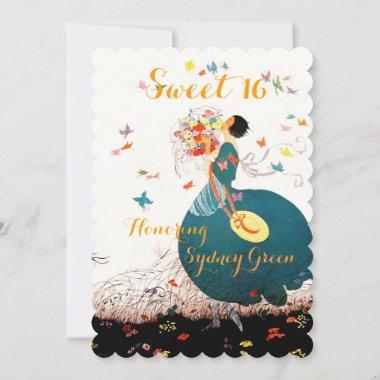 LADY WITH FLOWER BOUQUET AND BUTTERFLIES SWEET 16 Invitations