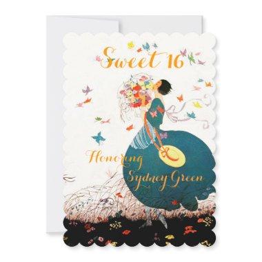 LADY WITH FLOWER BOUQUET AND BUTTERFLIES SWEET 16 Invitations