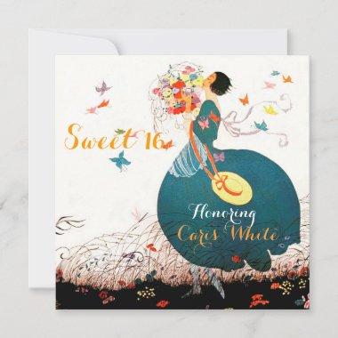 LADY WITH FLOWER BOUQUET AND BUTTERFLIES Sweet 16 Invitations