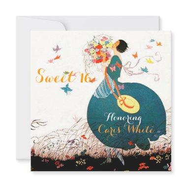 LADY WITH FLOWER BOUQUET AND BUTTERFLIES Sweet 16 Invitations