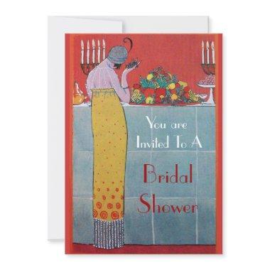 LADY WITH FRUITS AND TABLE SET DECO BRIDAL SHOWER Invitations