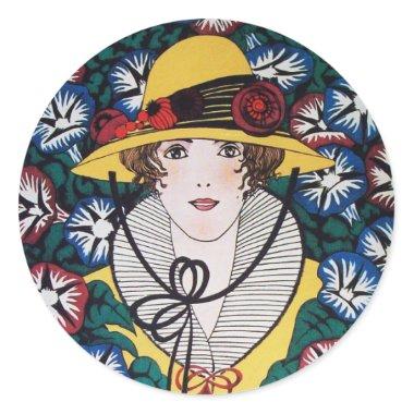 Lady with Morning Glories Classic Round Sticker