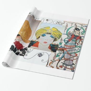 LADY WITH RED ROSE,ART DECO BEAUTY FASHION COSTUME WRAPPING PAPER