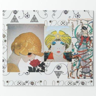 LADY WITH RED ROSE,ART DECO BEAUTY FASHION COSTUME WRAPPING PAPER